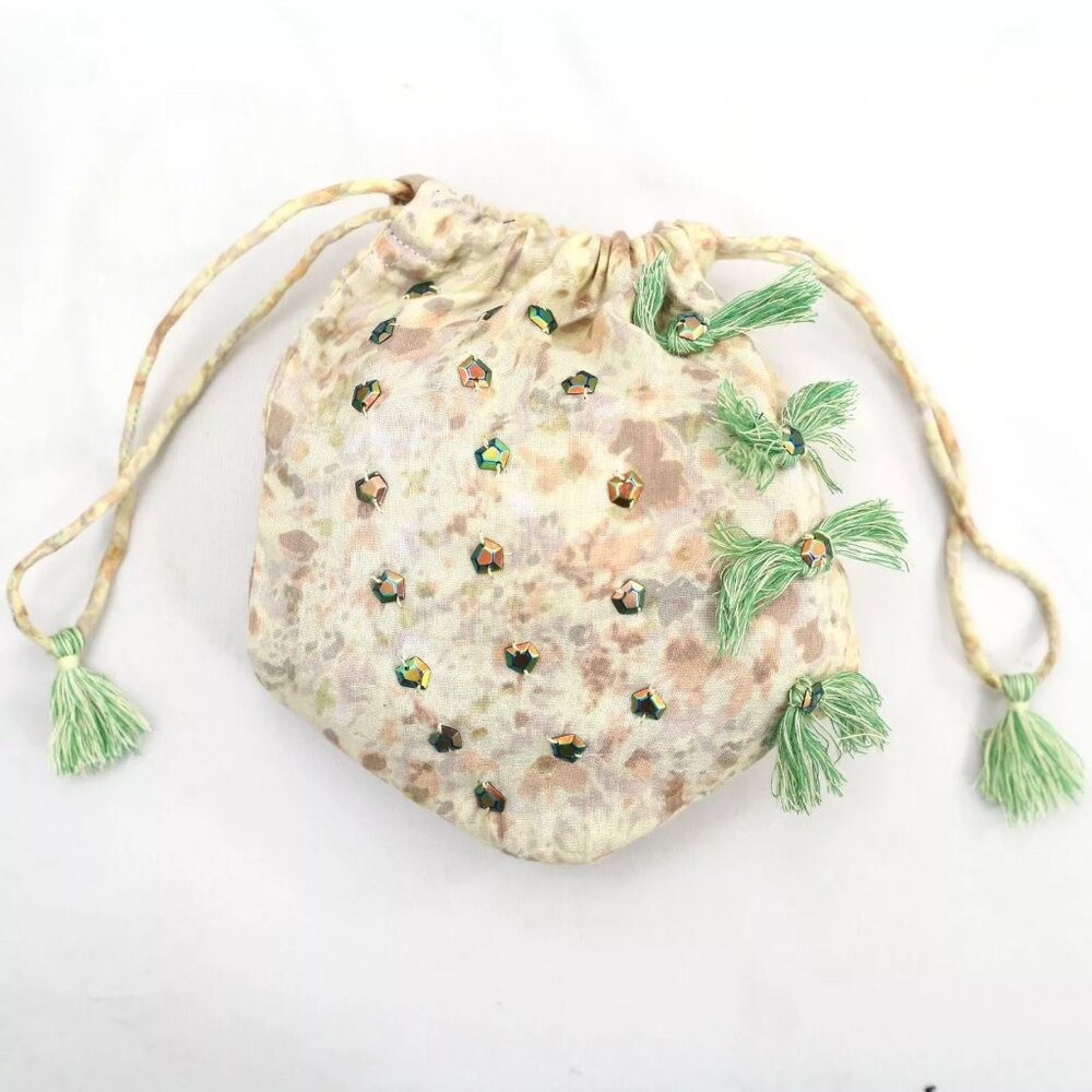 White Chocolate Mini Pouch Storage Cosmetic Bag Drawstring Sequin Printed Cotton